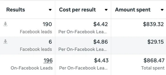 Meta Ads Manager showing 196 on-Facebook leads at $4.43 per lead on $868.47 total spend