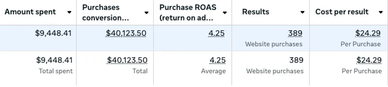 Meta Ads Manager showing $9,448.41 spent, $40,123.50 in purchase conversion value, 4.25 return on ad spend, 389 website purchases at $24.29 each